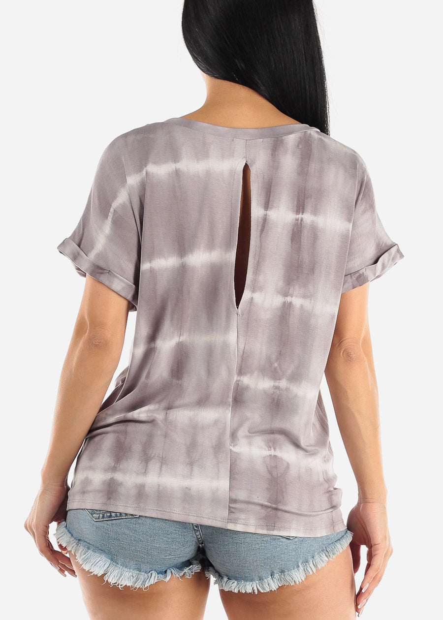 Short Sleeve Tie Dye Vneck Top Grey