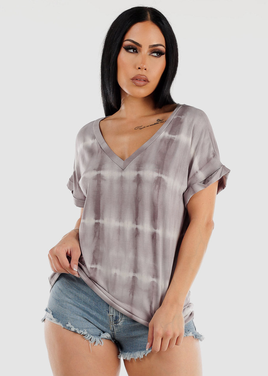 Short Sleeve Tie Dye Vneck Top Grey