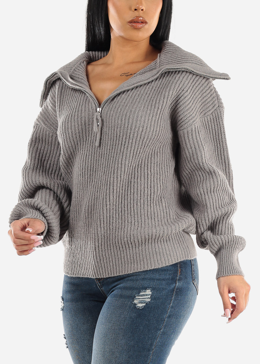 Women's Cozy Warm Knitted Sweater - Turtleneck Zip Up Grey Sweater ...