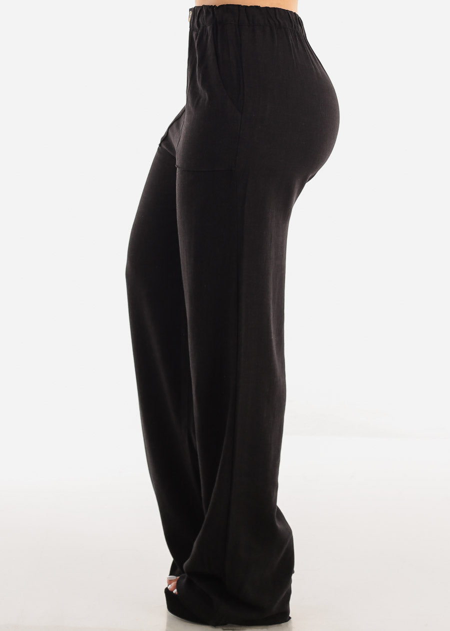 Black Linen High Rise Spandex Waist Wide Leg Pants