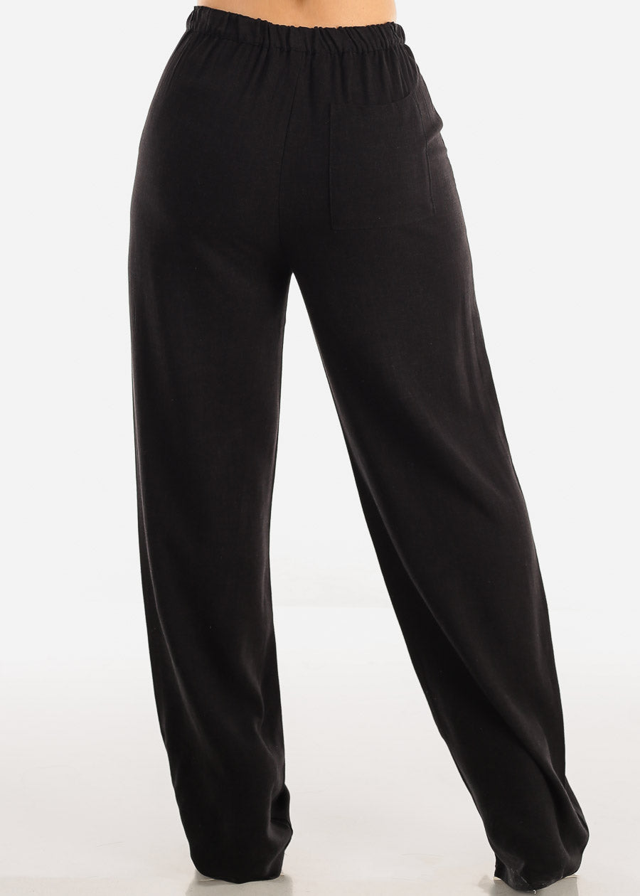 Black Linen High Rise Spandex Waist Wide Leg Pants