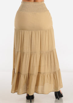 Khaki Smocked Waist Tiered Maxi Skirt