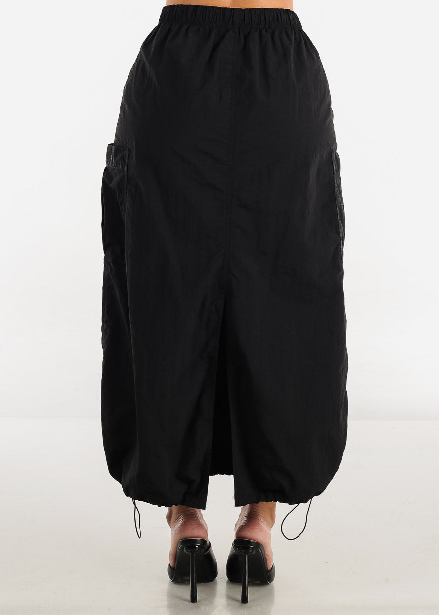 Black Drawstring Waist Cargo Maxi Skirt