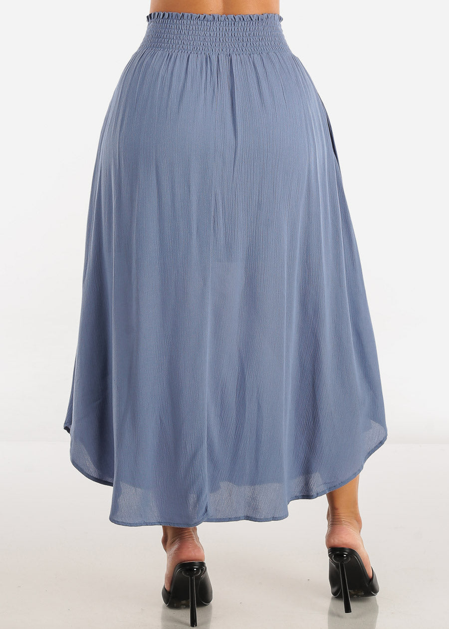 Smocked Waist Round Hem Maxi Skirt Blue w Pockets