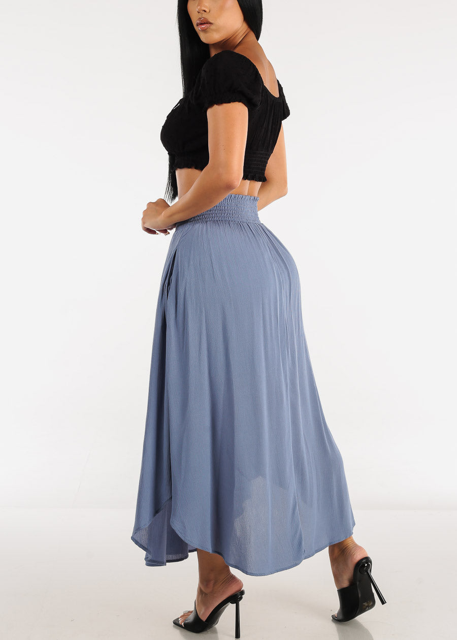 Smocked Waist Round Hem Maxi Skirt Blue w Pockets