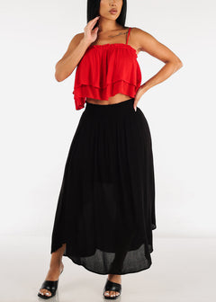 Black Smocked Waist Round Hem Maxi Skirt w Pockets