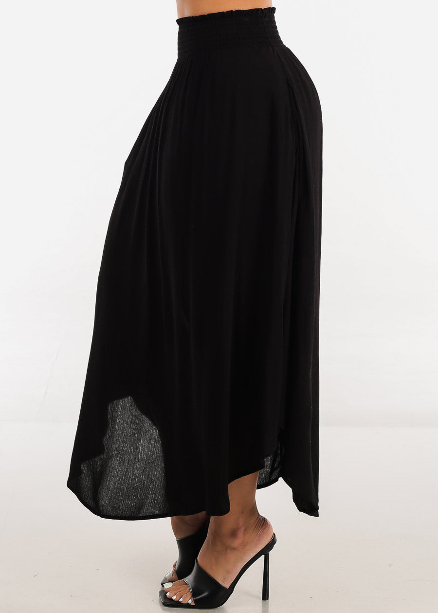 Black Smocked Waist Round Hem Maxi Skirt w Pockets