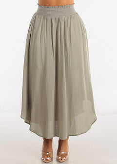 Smocked Waist Round Hem Maxi Skirt Olive w Pockets