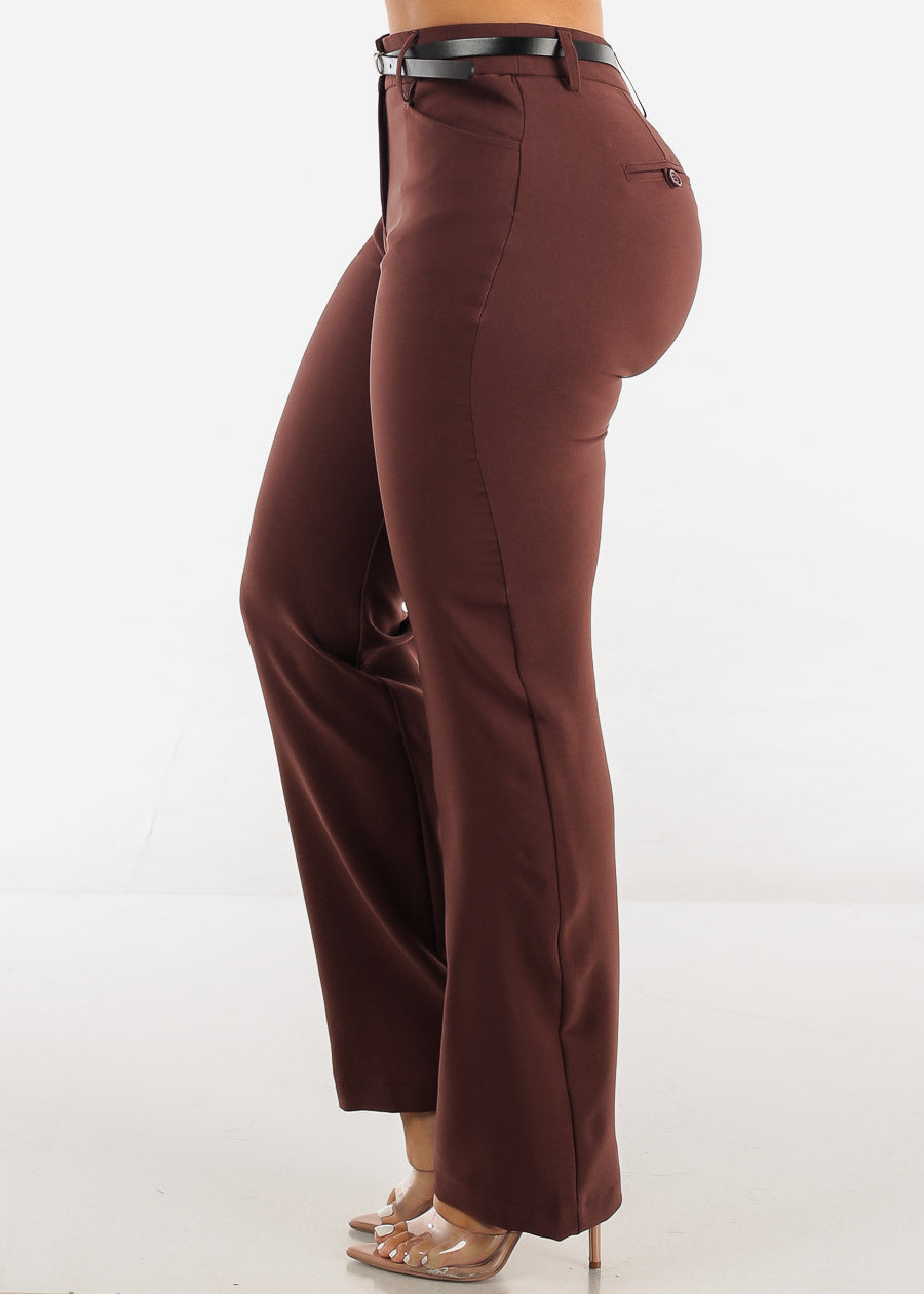 High Waist Brown Bootcut Dress Pants w Belt