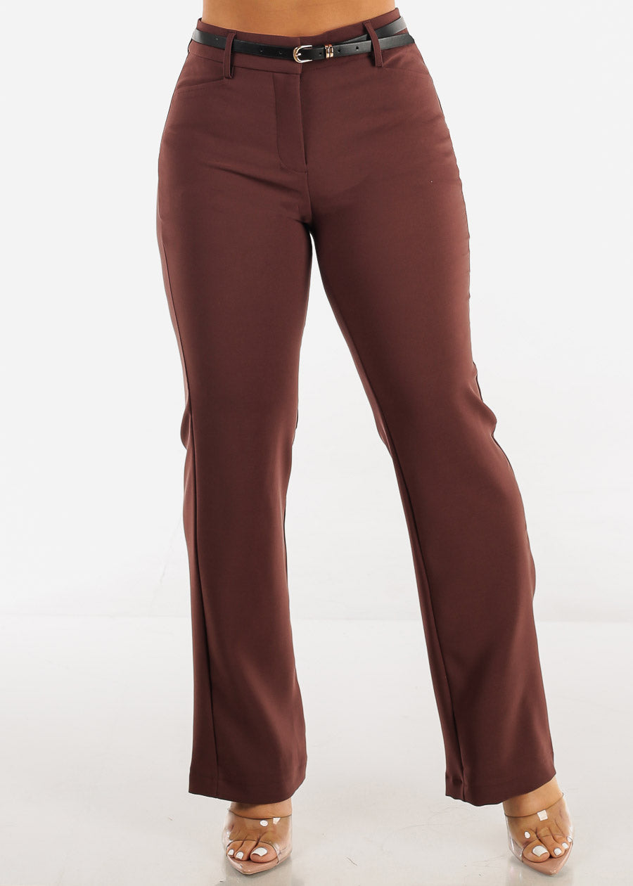 High Waist Brown Bootcut Dress Pants w Belt