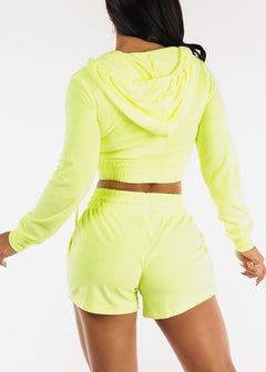 Terry Zip Up Cropped Hoodie & Shorts Neon Lime (2 PCE SET)