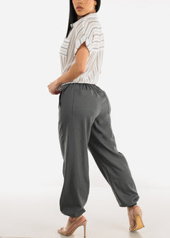 Grey Linen High Rise Spandex Waist Jogger Pants
