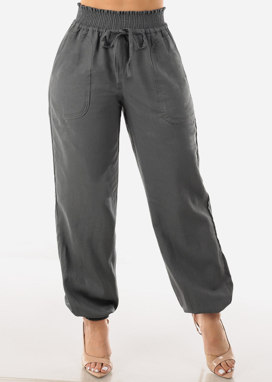 Grey Linen High Rise Spandex Waist Jogger Pants