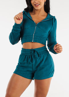 Terry Zip Up Cropped Hoodie & Shorts Neon Teal (2 PCE SET)
