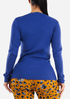 V-neck Long Sleeve Rib Knit Sweater Royal Blue