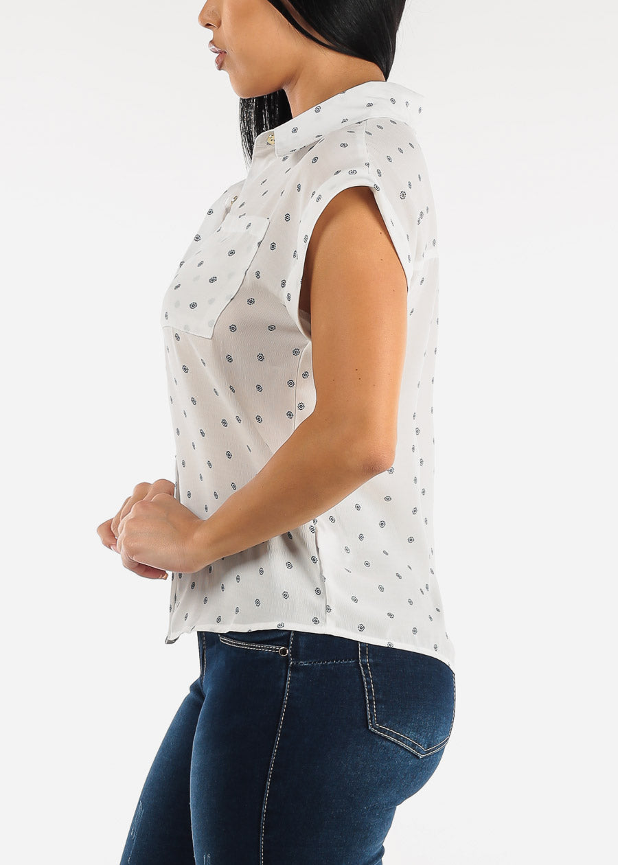 White Polka Dot Cap Sleeve Button Up Shirt