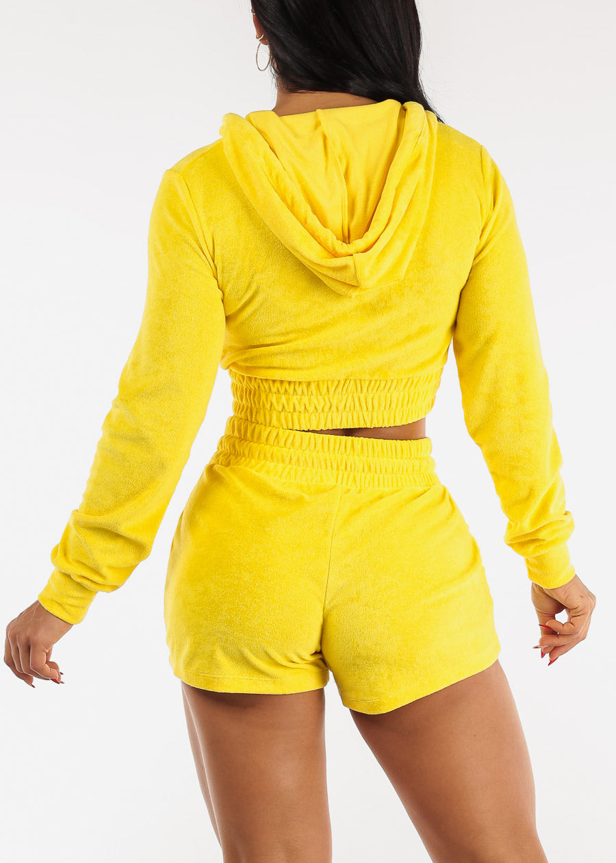 Terry Zip Up Cropped Hoodie & Shorts Neon Yellow (2 PCE SET)