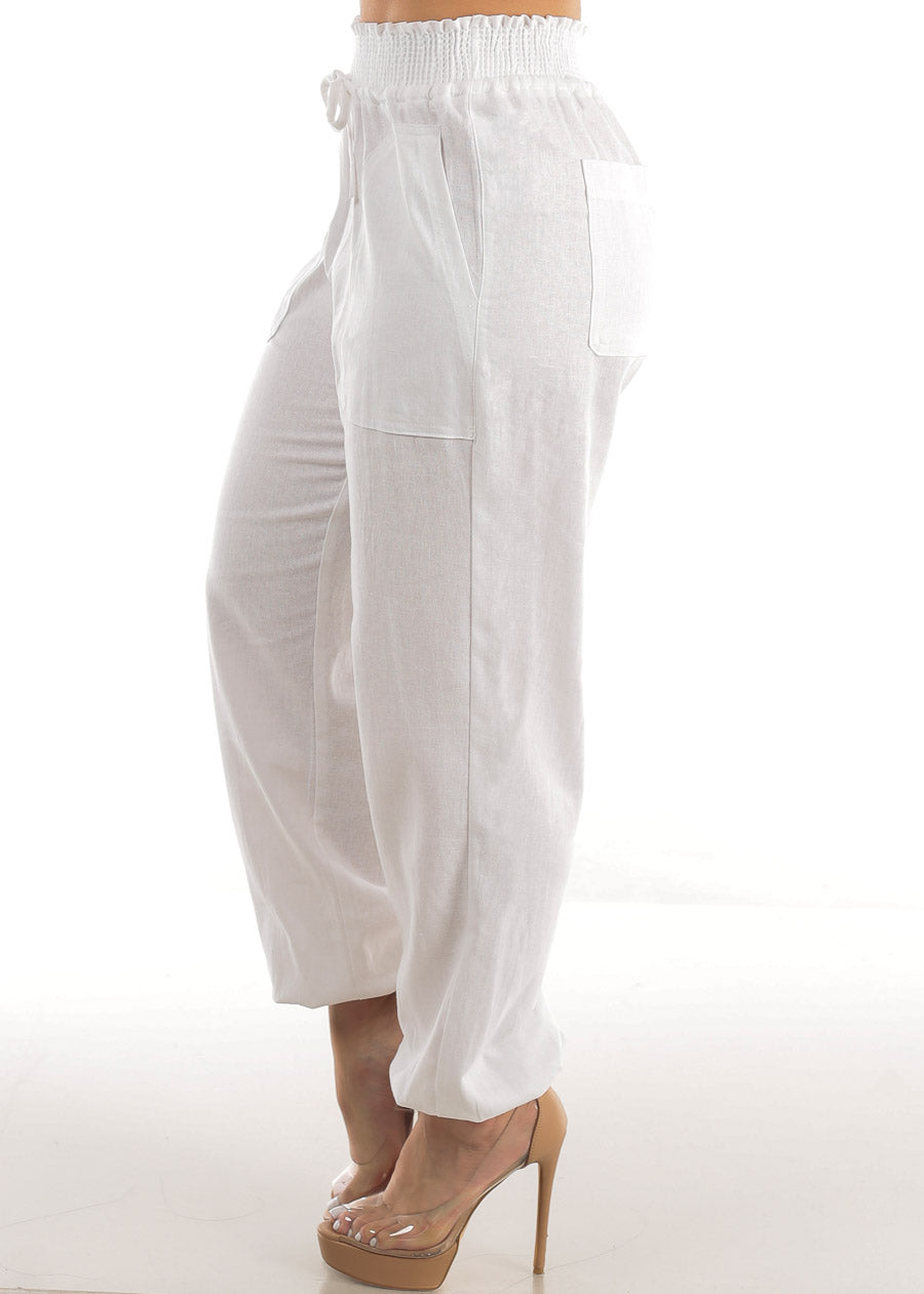 White Linen High Rise Spandex Waist Jogger Pants