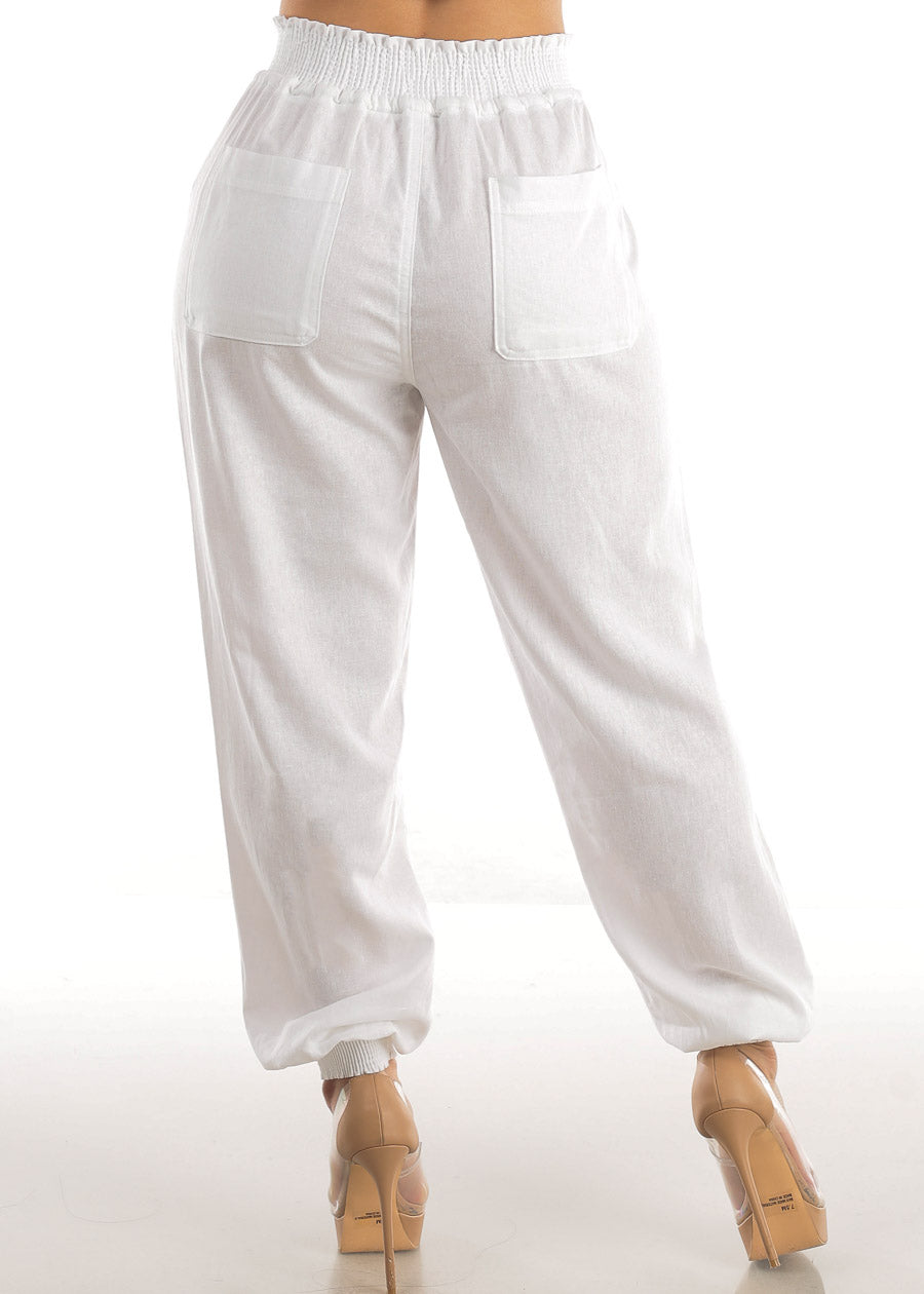 White Linen High Rise Spandex Waist Jogger Pants