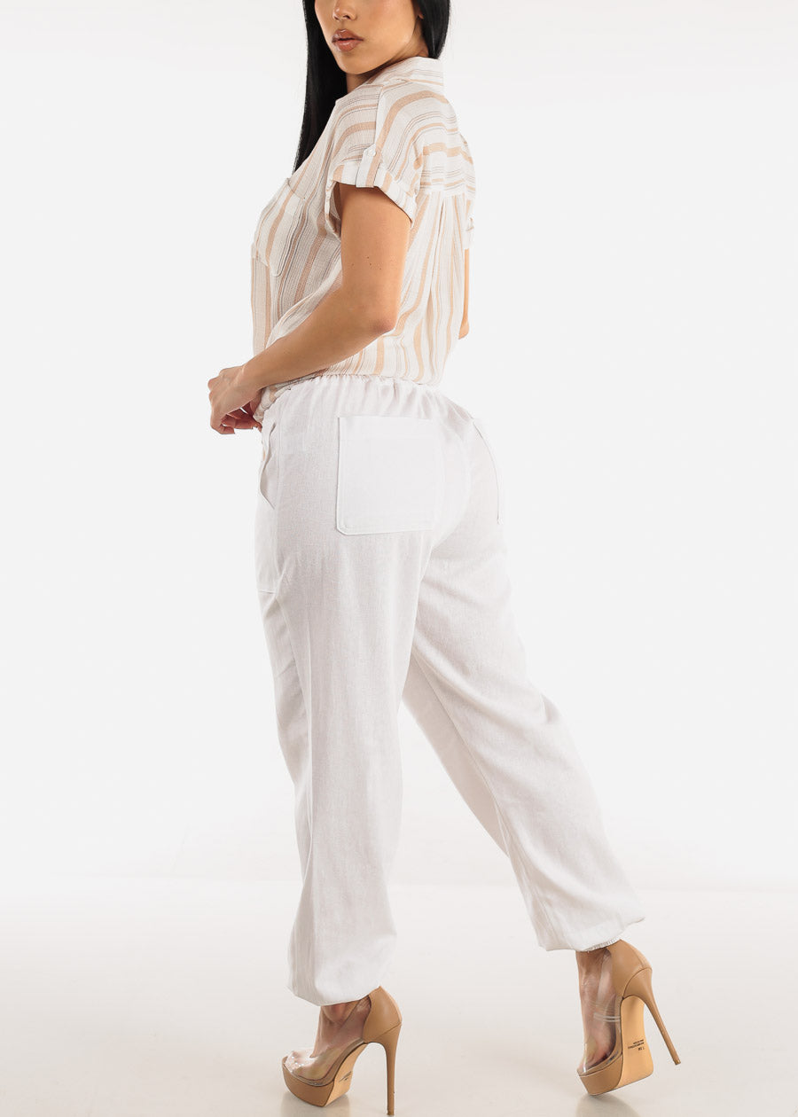 White Linen High Rise Spandex Waist Jogger Pants