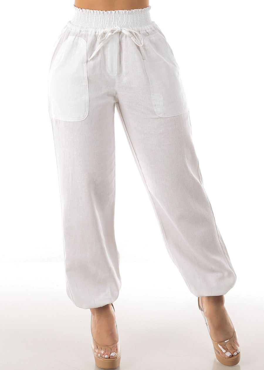 White Linen High Rise Spandex Waist Jogger Pants