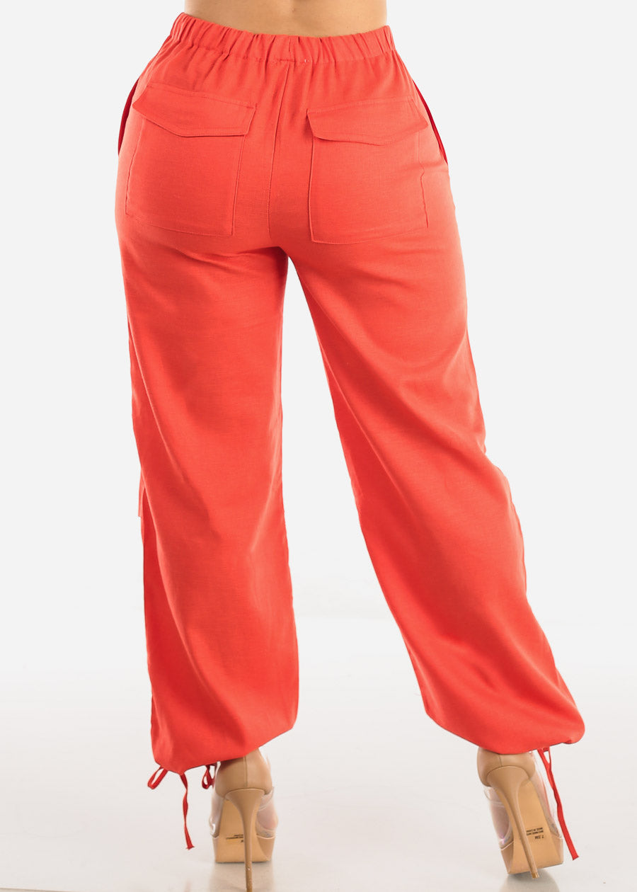 Red Linen High Waisted Knee Pleats Jogger Pants