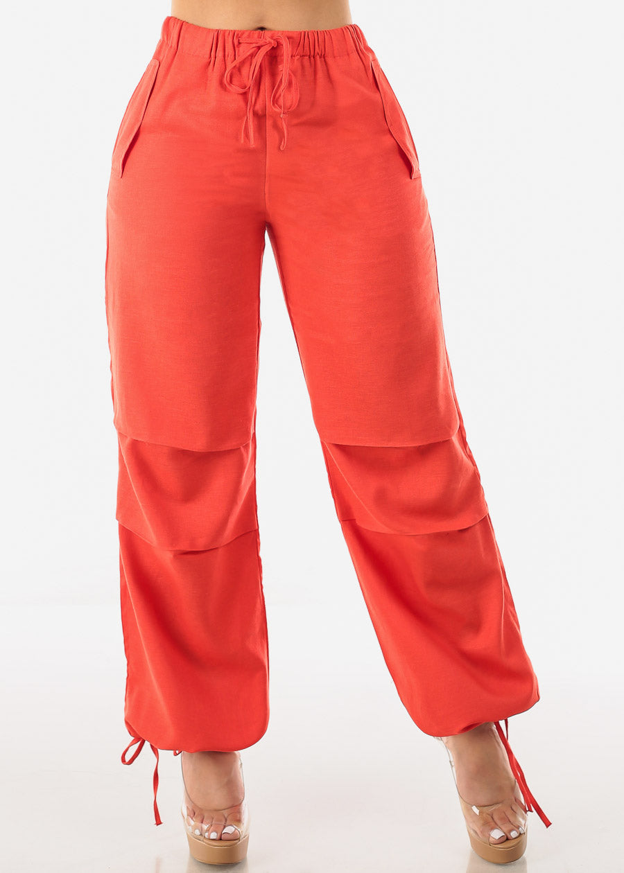 Red Linen High Waisted Knee Pleats Jogger Pants