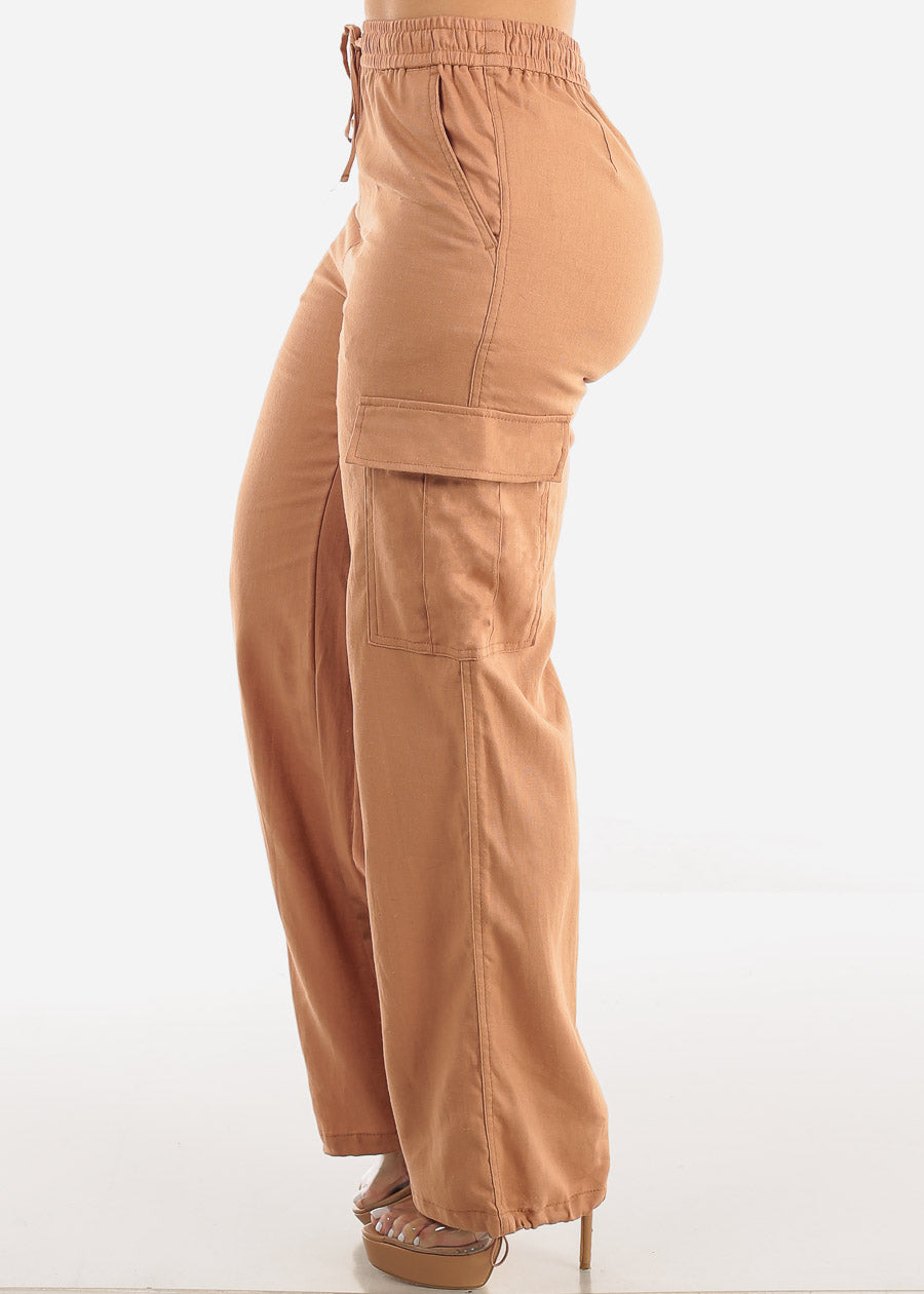 Khaki Linen High Waist Cargo Pants Drawstring Hem