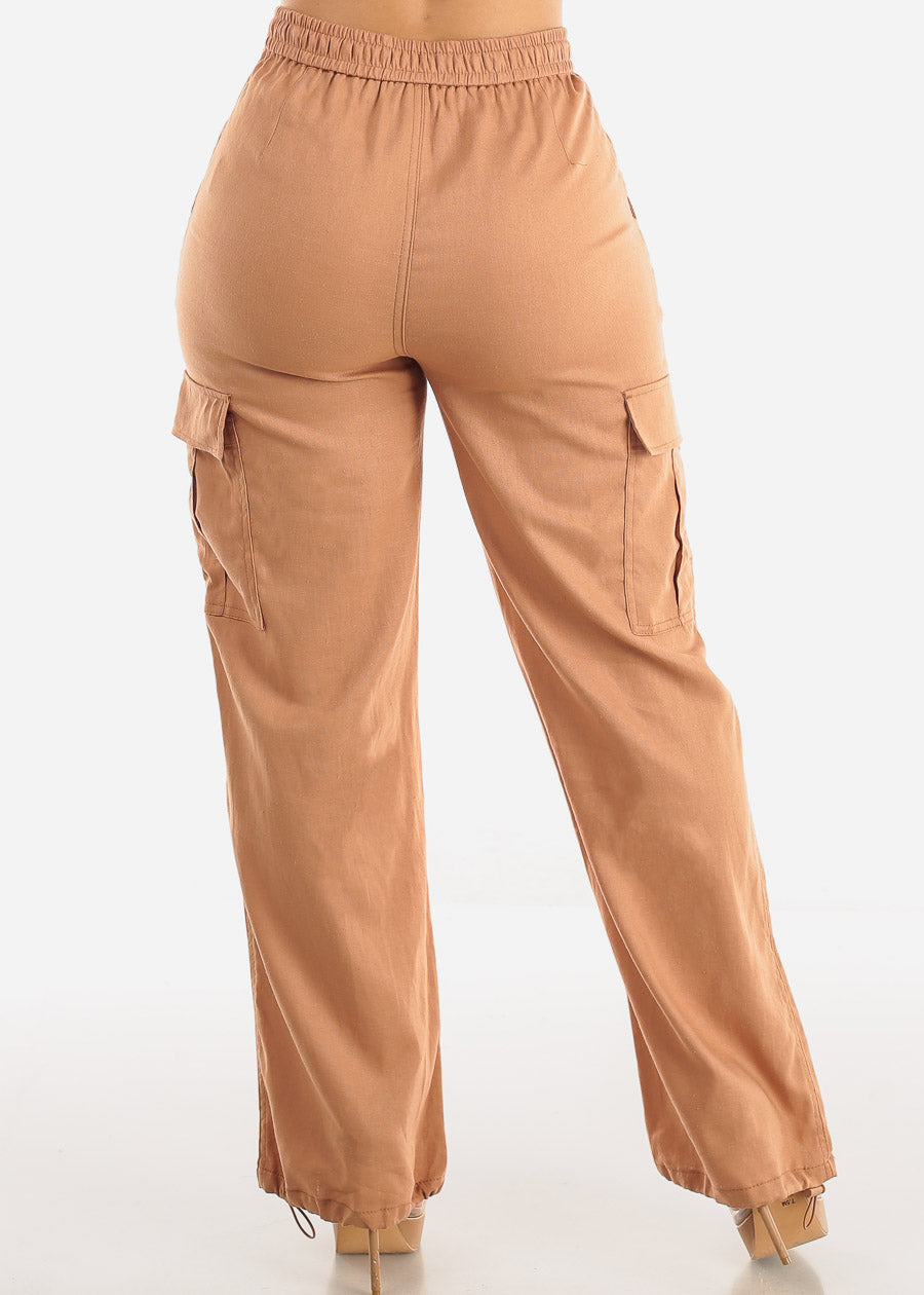 Khaki Linen High Waist Cargo Pants Drawstring Hem