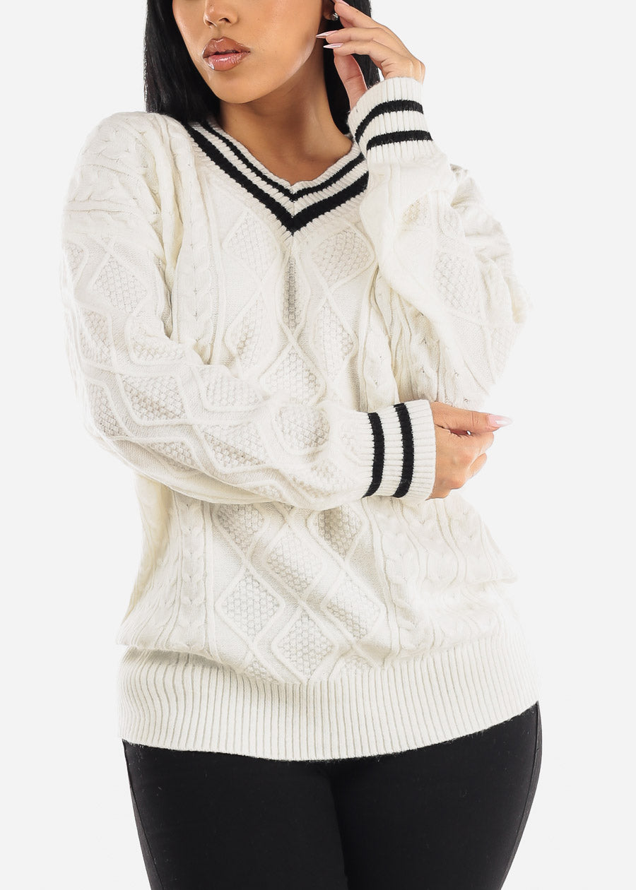 Long Sleeve Cable Knit White V Neck Sweater