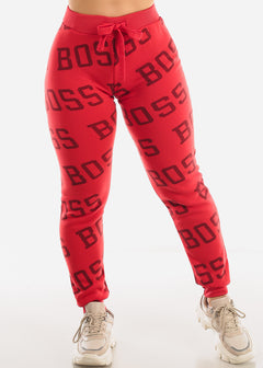 Fleece Drawstring Waist Jogger Sweatpants Red "Boss"