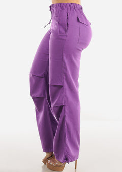Purple Linen High Waisted Knee Pleats Jogger Pants