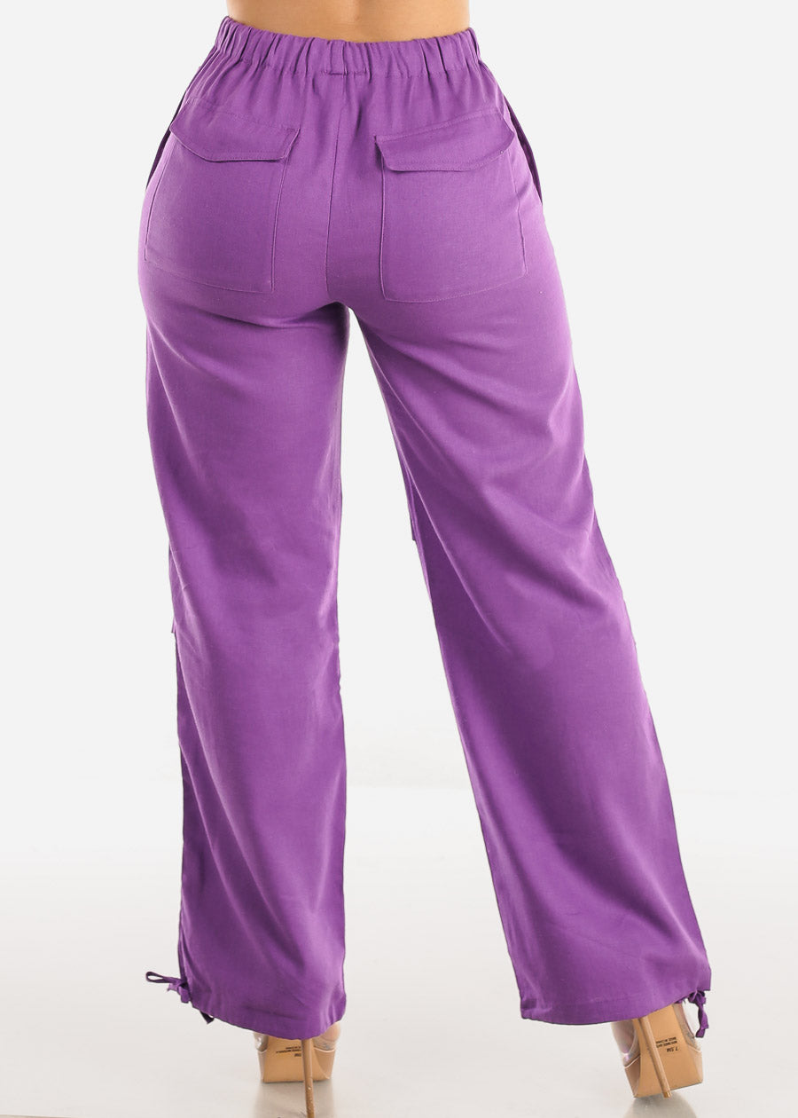 Purple Linen High Waisted Knee Pleats Jogger Pants