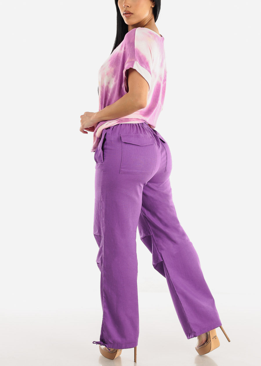 Purple Linen High Waisted Knee Pleats Jogger Pants