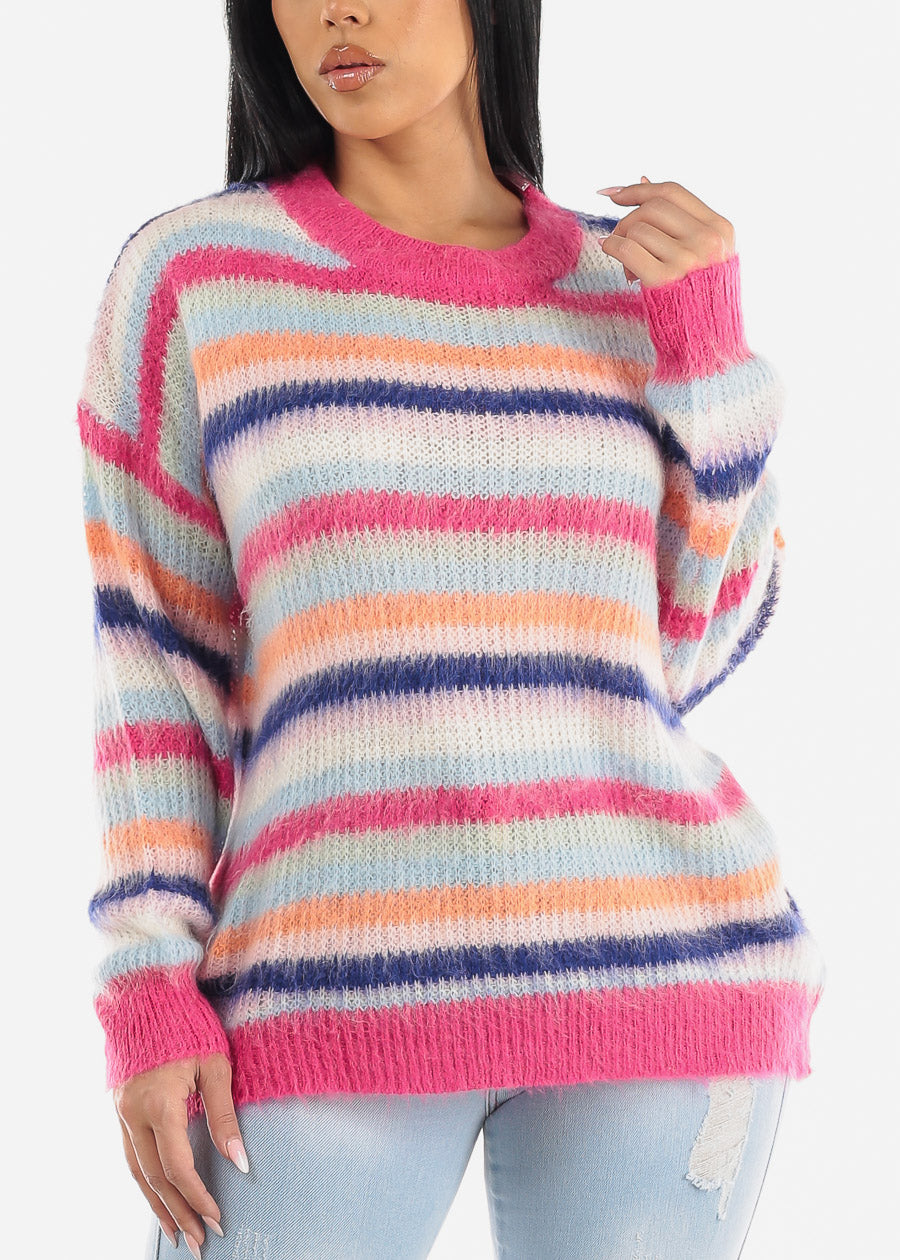 Long Sleeve Multicolor Soft Knit Stripe Tunic Sweater
