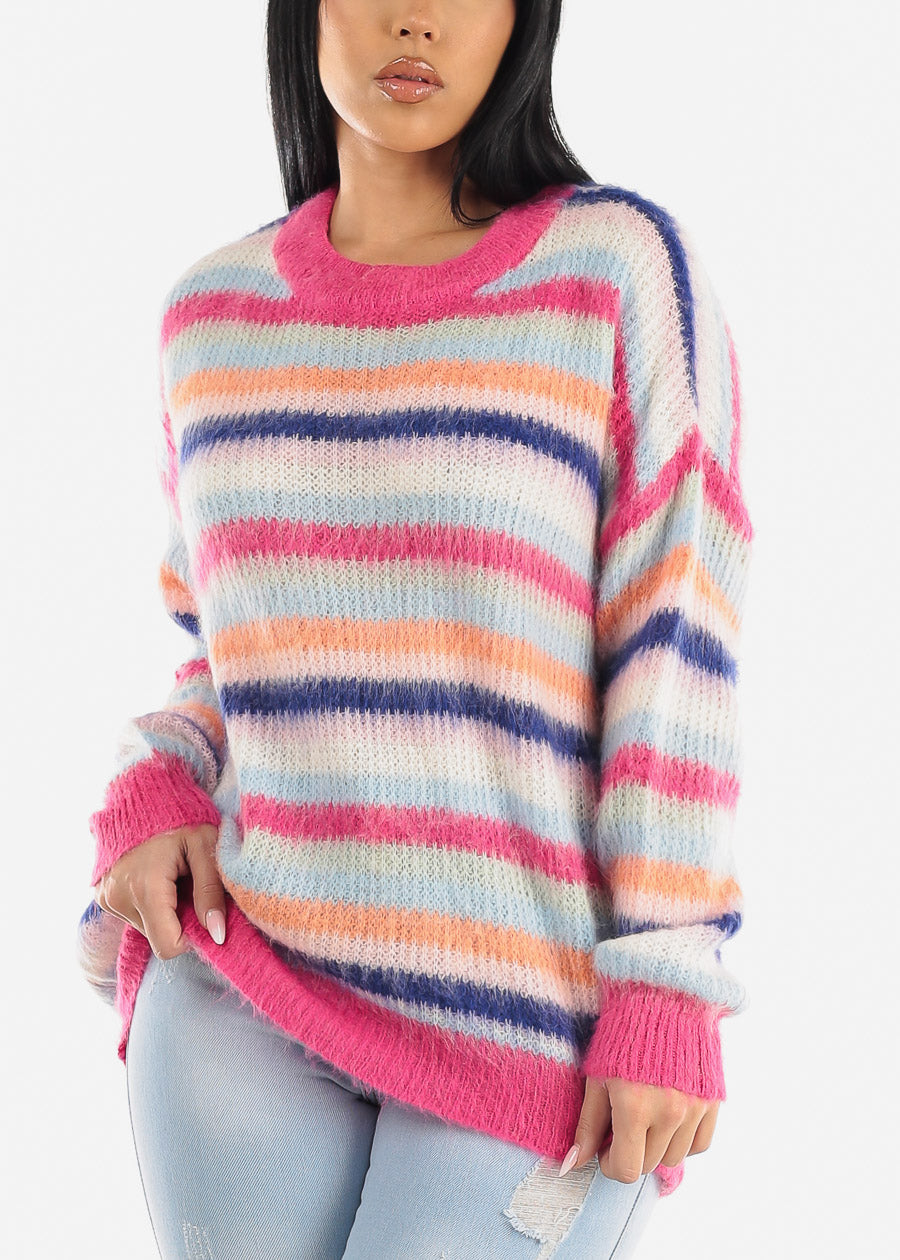 Long Sleeve Multicolor Soft Knit Stripe Tunic Sweater