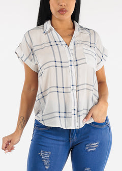 Relaxed Cap Sleeve White Plaid Button Up Shirt