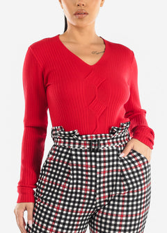 V-neck Long Sleeve Rib Knit Sweater Red