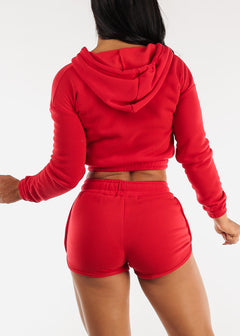 Fleece Zip Up Cropped Hoodie & Shorts Red (2 PCE SET)