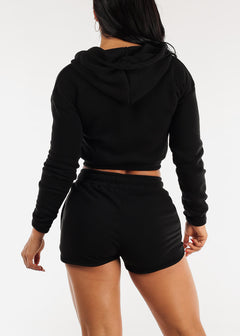 Fleece Zip Up Cropped Hoodie & Shorts Black (2 PCE SET)