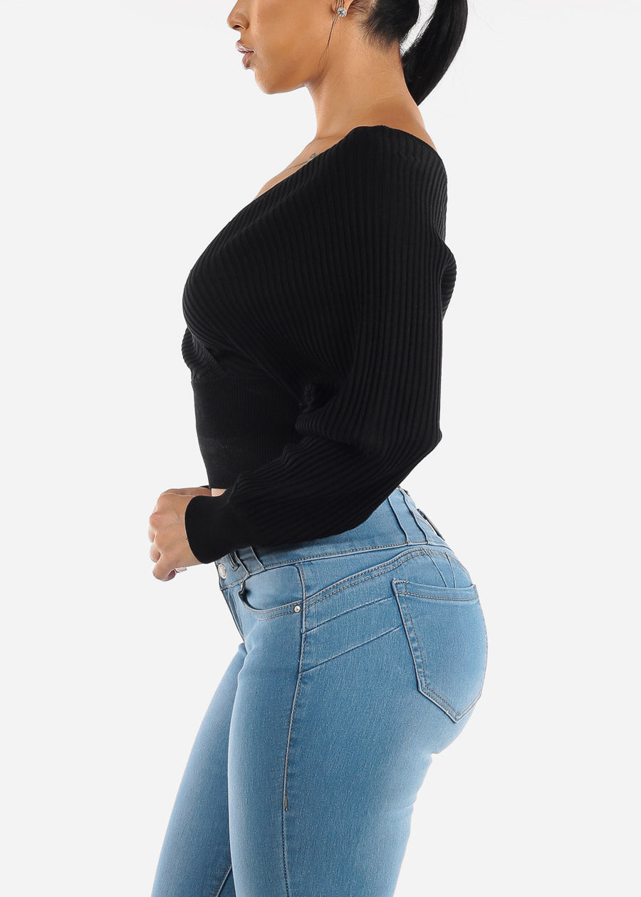 Black Overlap Cropped Sweater
