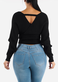 Black Overlap Cropped Sweater