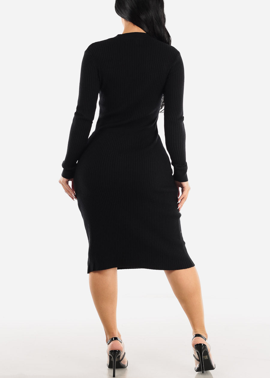 Black Long Sleeve Ribbed Bodycon Sweater Midi Dress
