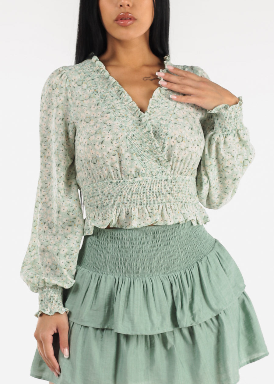 Long Sleeve Floral Surplice Smocked Top Mint