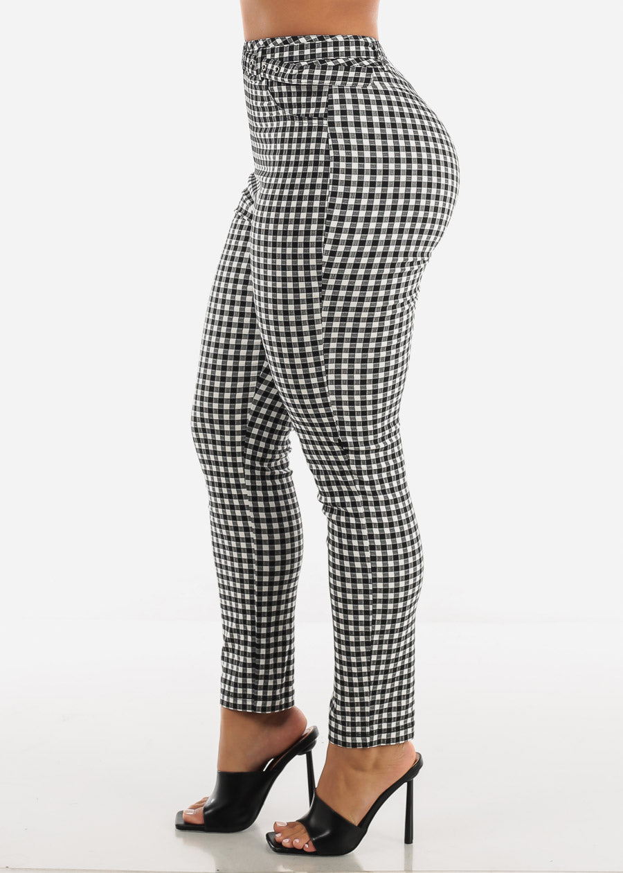 Belted Checkered Printed Skinny Pants