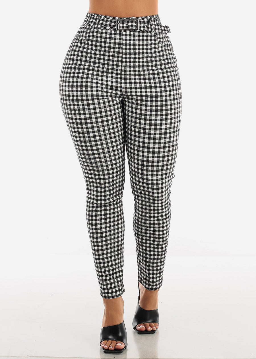 Belted Checkered Printed Skinny Pants