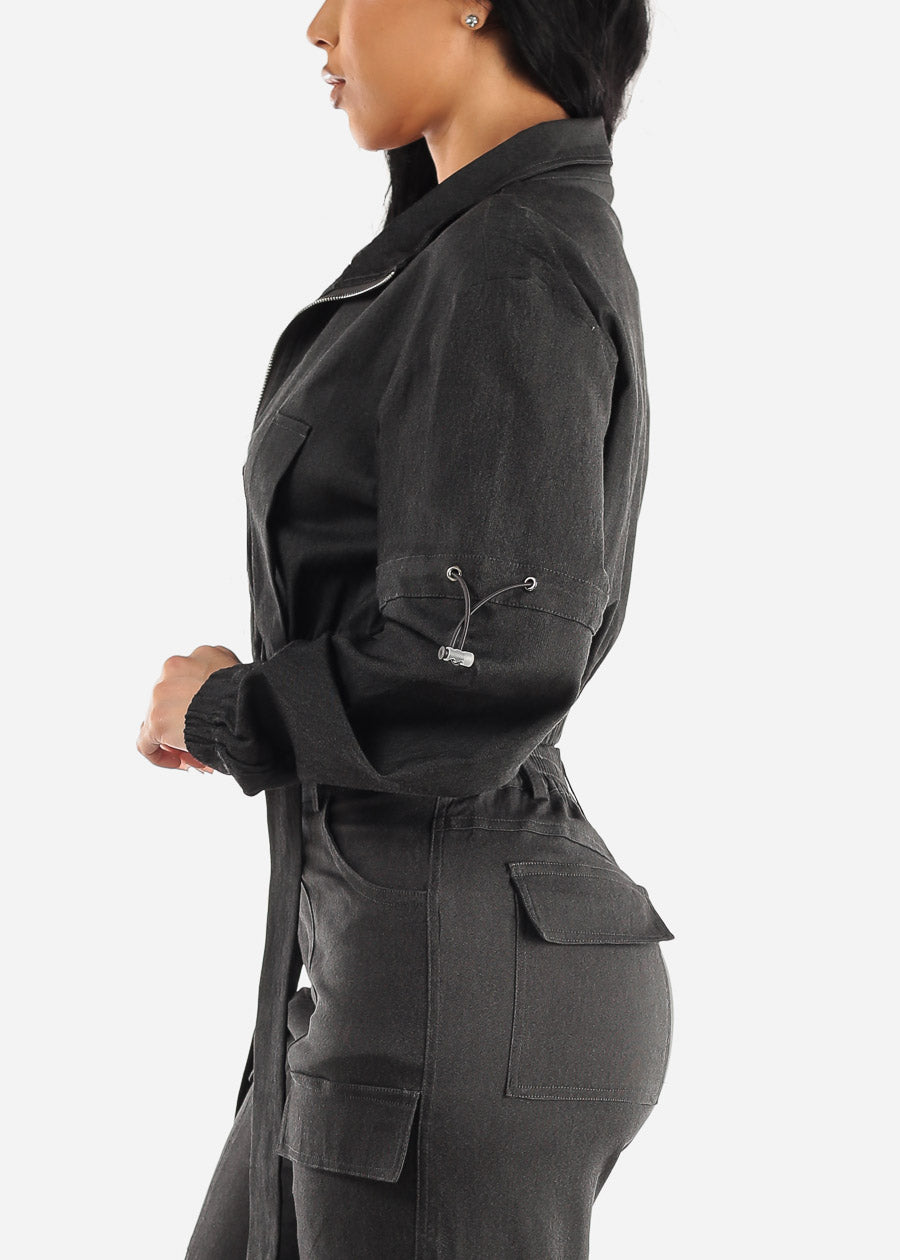 Black Long Sleeve Zip Up Crop Cargo Jacket