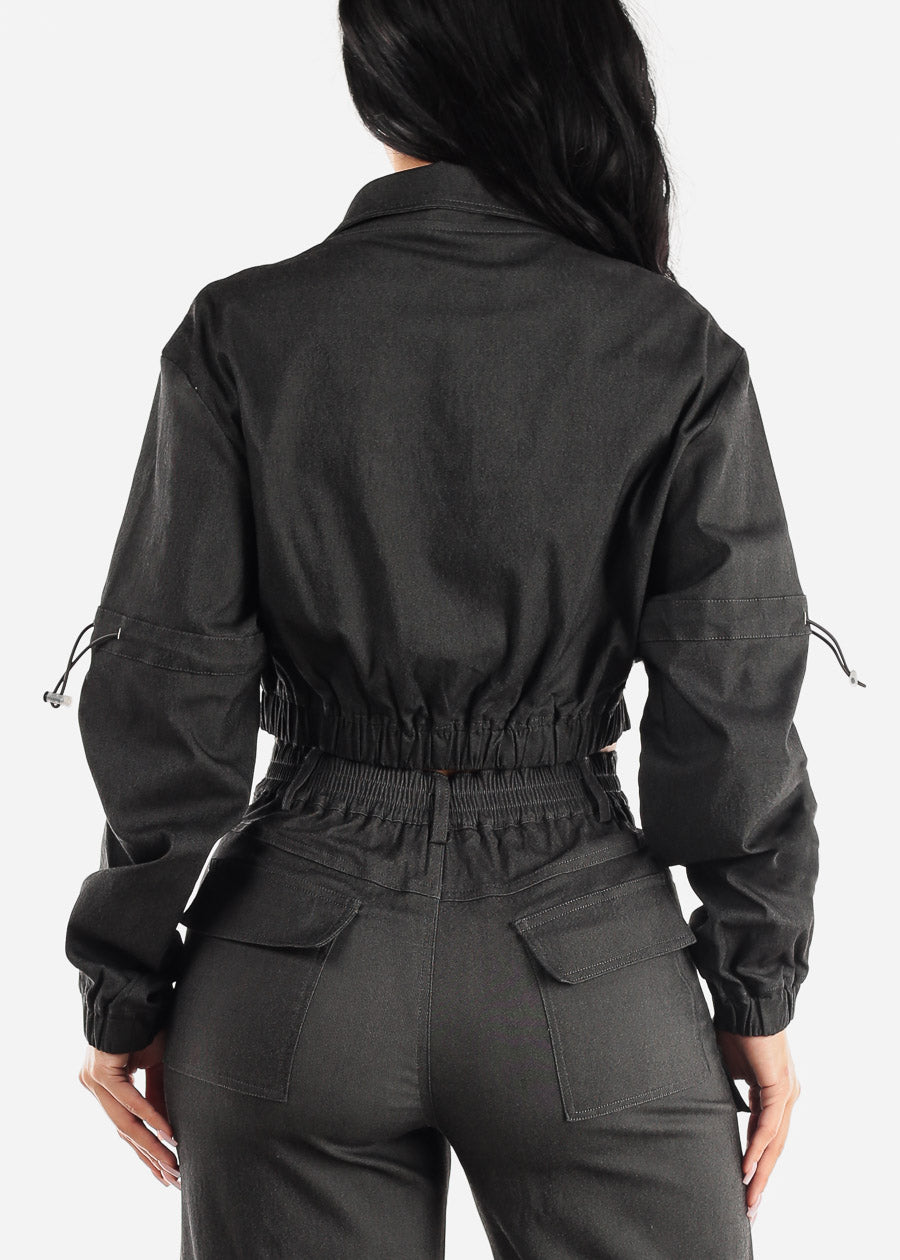 Black Long Sleeve Zip Up Crop Cargo Jacket