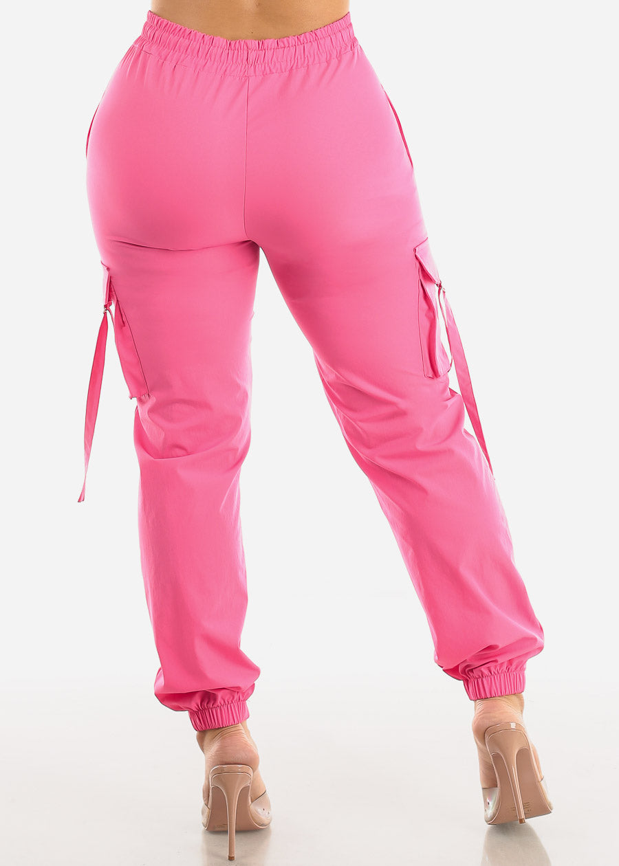 Women's Pull On Cargo Style Jogger Pants - Pink High Waist Cargo Joggers –  Moda Xpress