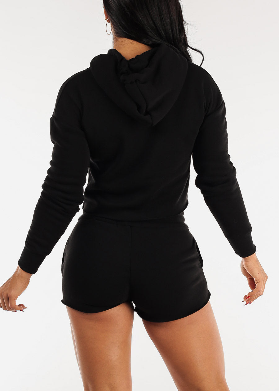 Fleece Cropped Hoodie & Shorts Black (2 PCE SET)